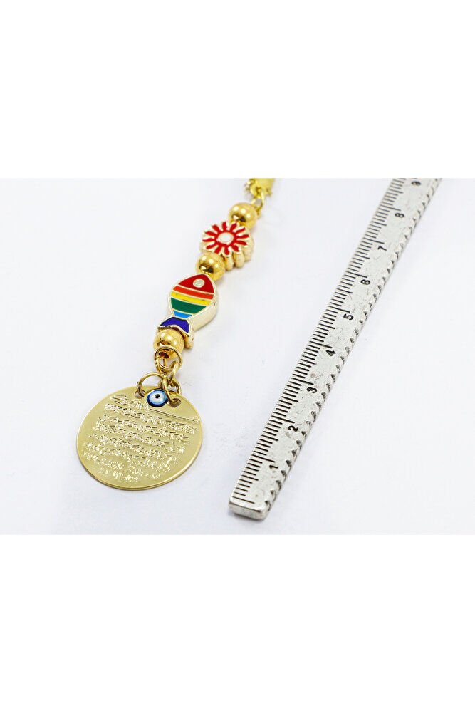 Small, Colorful Fish Framed Flower Metal Ayetel Kursi Car Rearview Mirror Ornament, Gold Color