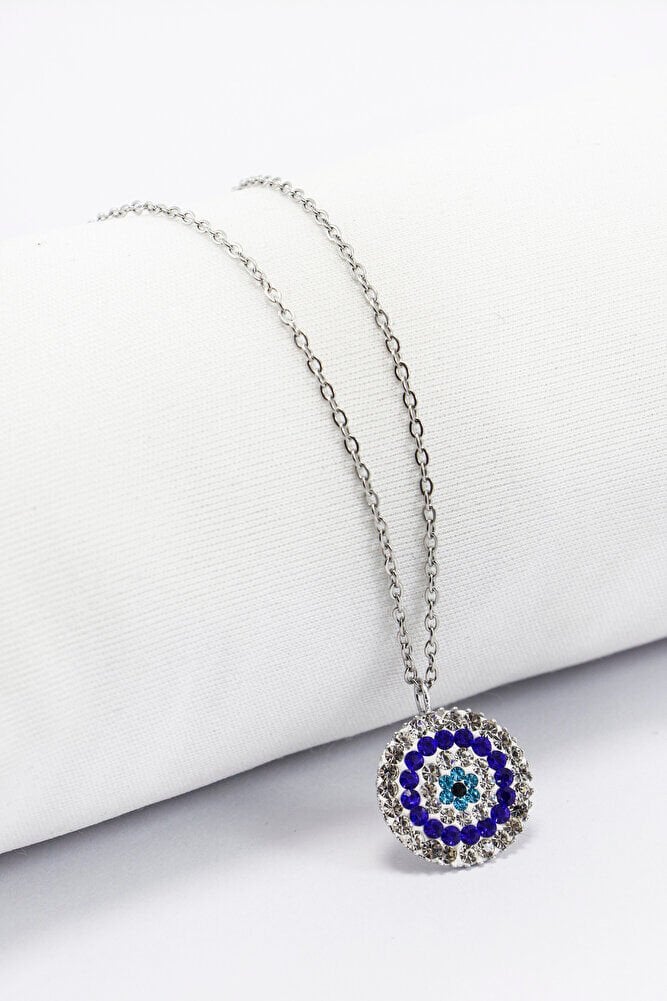 Paslanmaz Gümüş Renkli Çelik Zincir ile Parlak Taşlı Nazar Boncuğu Kolye, Hediyelik Takı