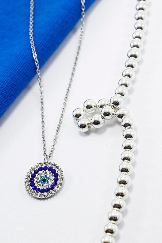 Paslanmaz Gümüş Renkli Çelik Zincir ile Parlak Taşlı Nazar Boncuğu Kolye, Hediyelik Takı