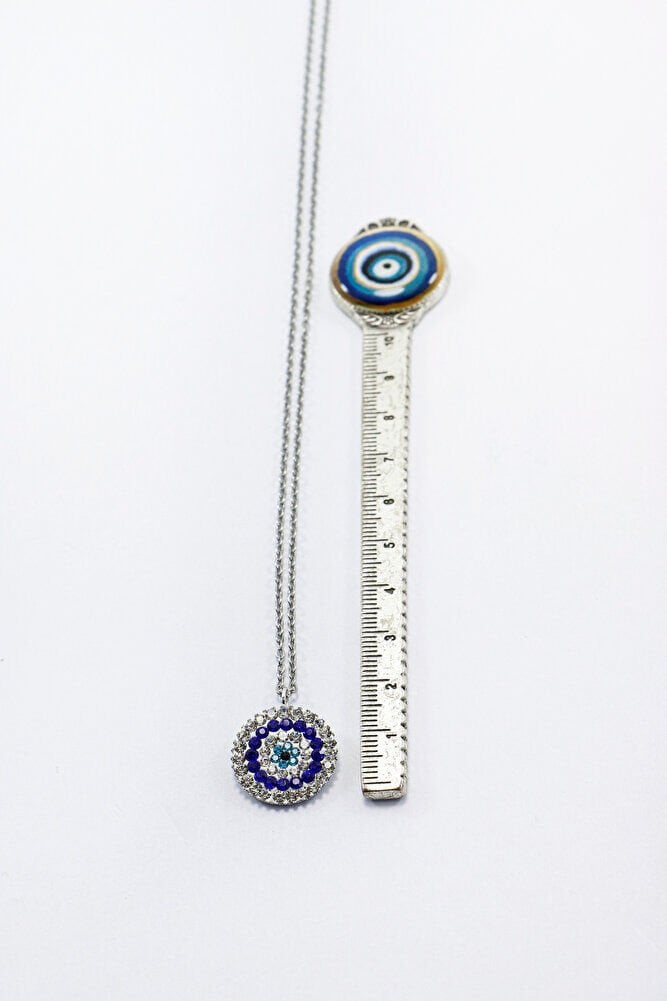 Paslanmaz Gümüş Renkli Çelik Zincir ile Parlak Taşlı Nazar Boncuğu Kolye, Hediyelik Takı