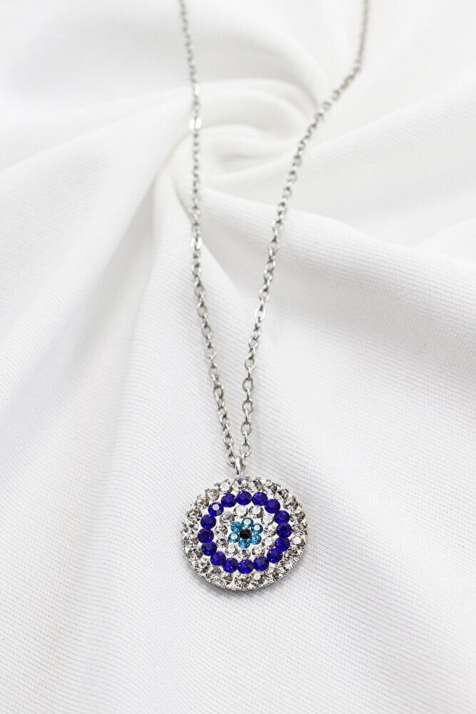 Paslanmaz Gümüş Renkli Çelik Zincir ile Parlak Taşlı Nazar Boncuğu Kolye, Hediyelik Takı