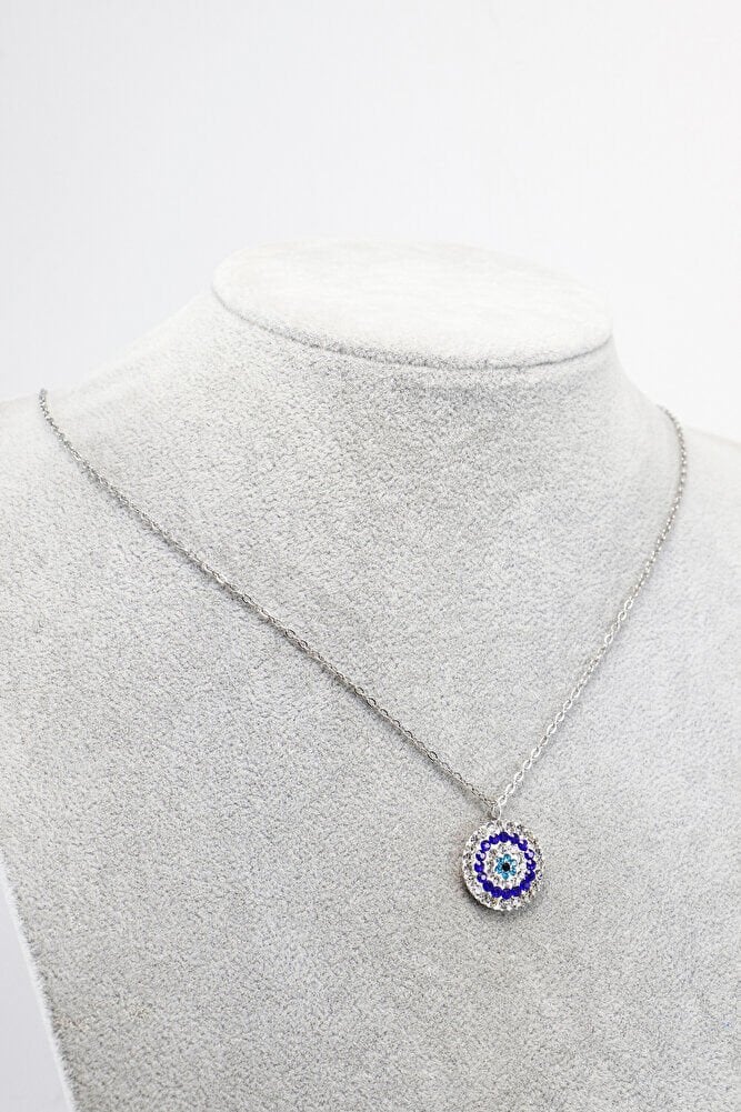 Paslanmaz Gümüş Renkli Çelik Zincir ile Parlak Taşlı Nazar Boncuğu Kolye, Hediyelik Takı