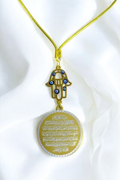 Altın Kaplama Hamse Fatıma Ana Eli Çift Taraflı Ayetel Kürsi, Felak Nas Ihlas Dikiz Ayna Süsü
