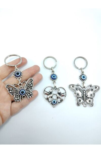 Üçlü Metal Nazar Boncuklu Anahtarlık Seti Kelebek Kalp Temalı Hediyelik Eşya