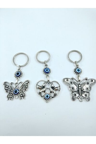 Üçlü Metal Nazar Boncuklu Anahtarlık Seti Kelebek Kalp Temalı Hediyelik Eşya