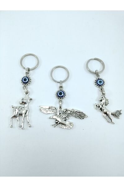Üçlü Metal Nazar Boncuklu Anahtarlık Seti Geyik Kartal At Temalı Hediyelik Eşya