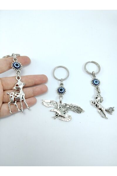 Üçlü Metal Nazar Boncuklu Anahtarlık Seti Geyik Kartal At Temalı Hediyelik Eşya