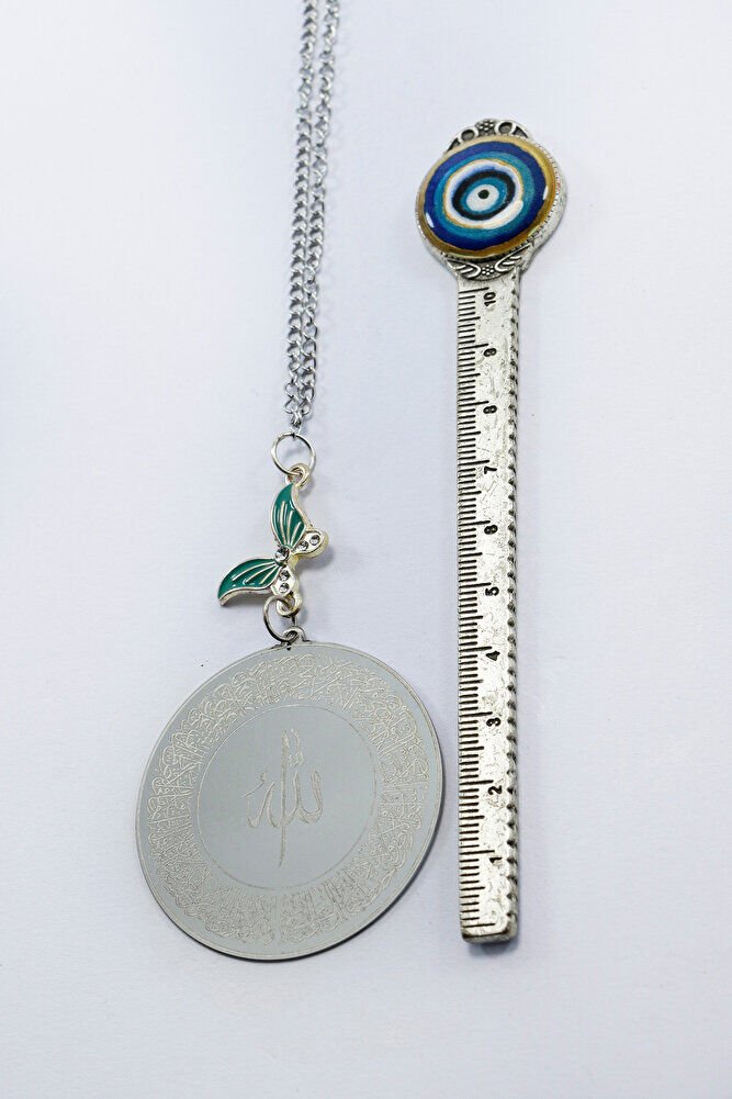 Gümüş Renkli Balon Detaylı Çift Taraflı Ayetel Kürsi Felak Nas Ihlas Araba Dikiz Ayna Süsü