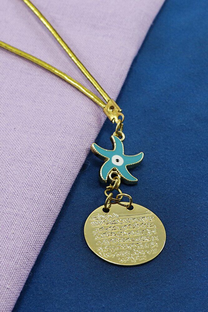 Mavi Deniz Yıldızı Metal Ayetel Kürsi Araba Dikiz Ayna Süsü, Gold Renkli