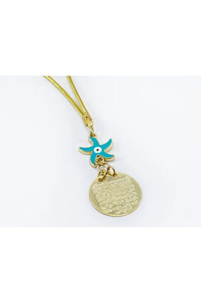 Mavi Deniz Yıldızı Metal Ayetel Kürsi Araba Dikiz Ayna Süsü, Gold Renkli