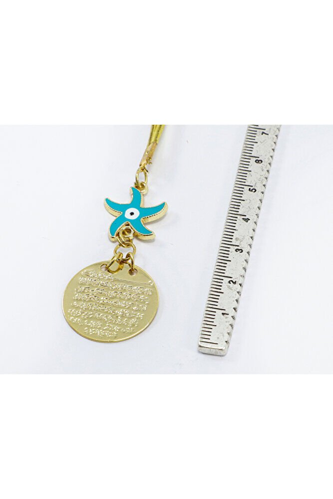 Mavi Deniz Yıldızı Metal Ayetel Kürsi Araba Dikiz Ayna Süsü, Gold Renkli