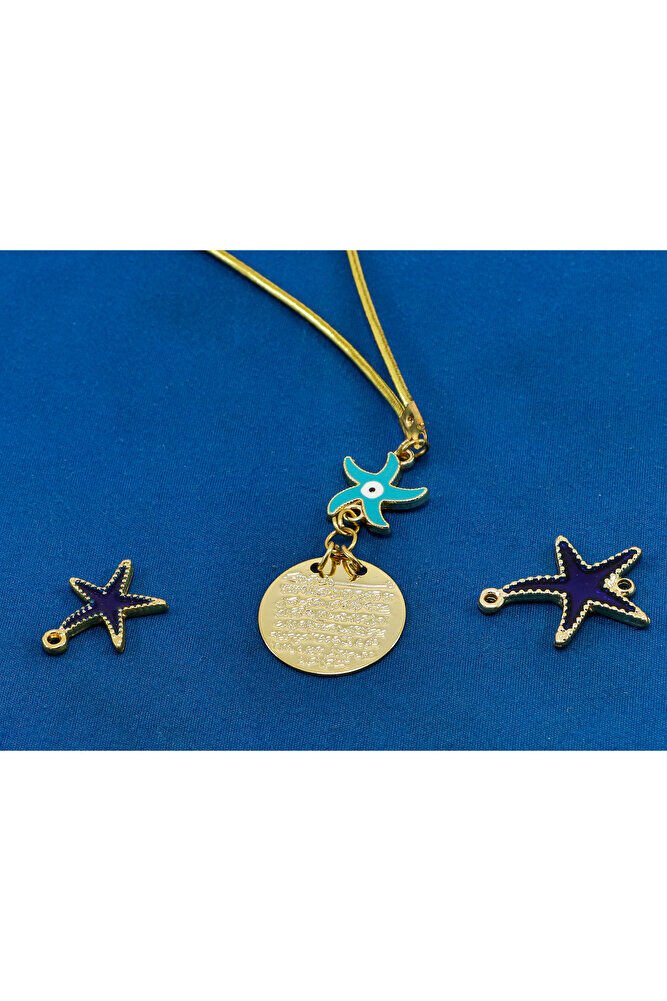 Mavi Deniz Yıldızı Metal Ayetel Kürsi Araba Dikiz Ayna Süsü, Gold Renkli