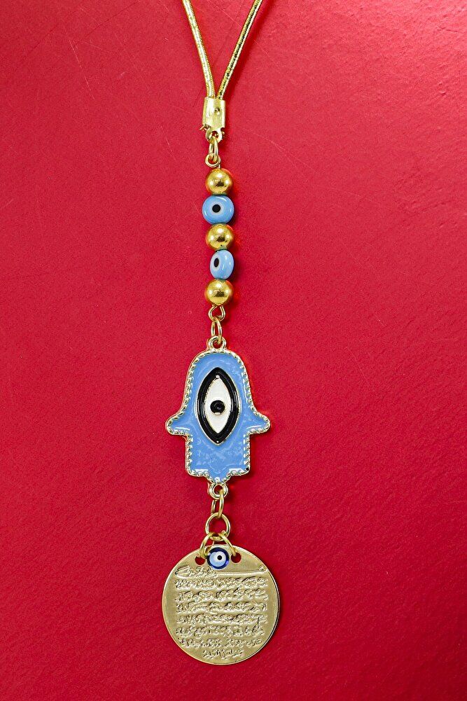 Küçük Mavi Nazar Boncuklu Mavi Hamse Metal Ayetel Kürsi Araba Dikiz Ayna Süsü, Gold Renkli