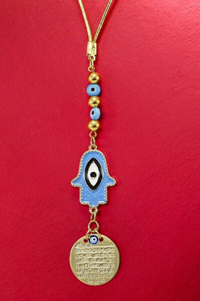 Küçük Mavi Nazar Boncuklu Mavi Hamse Metal Ayetel Kürsi Araba Dikiz Ayna Süsü, Gold Renkli