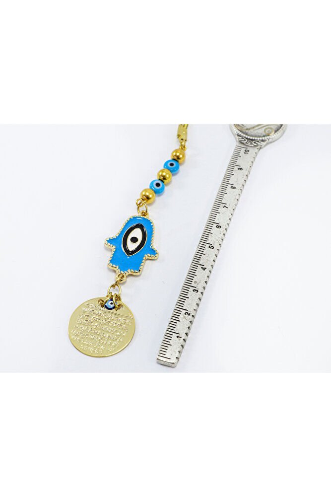 Küçük Mavi Nazar Boncuklu Mavi Hamse Metal Ayetel Kürsi Araba Dikiz Ayna Süsü, Gold Renkli