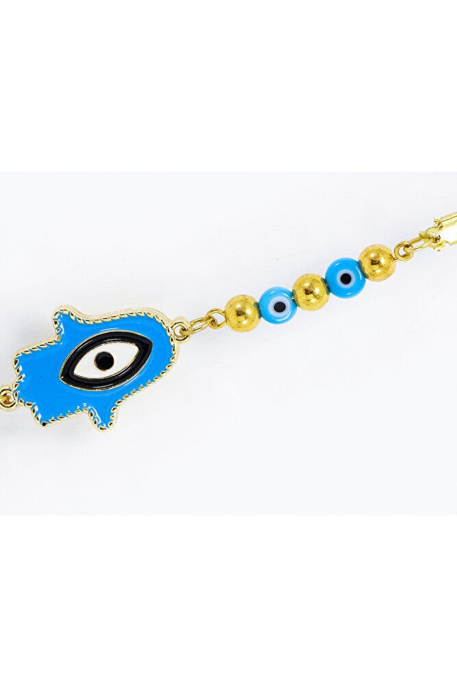 Küçük Mavi Nazar Boncuklu Mavi Hamse Metal Ayetel Kürsi Araba Dikiz Ayna Süsü, Gold Renkli