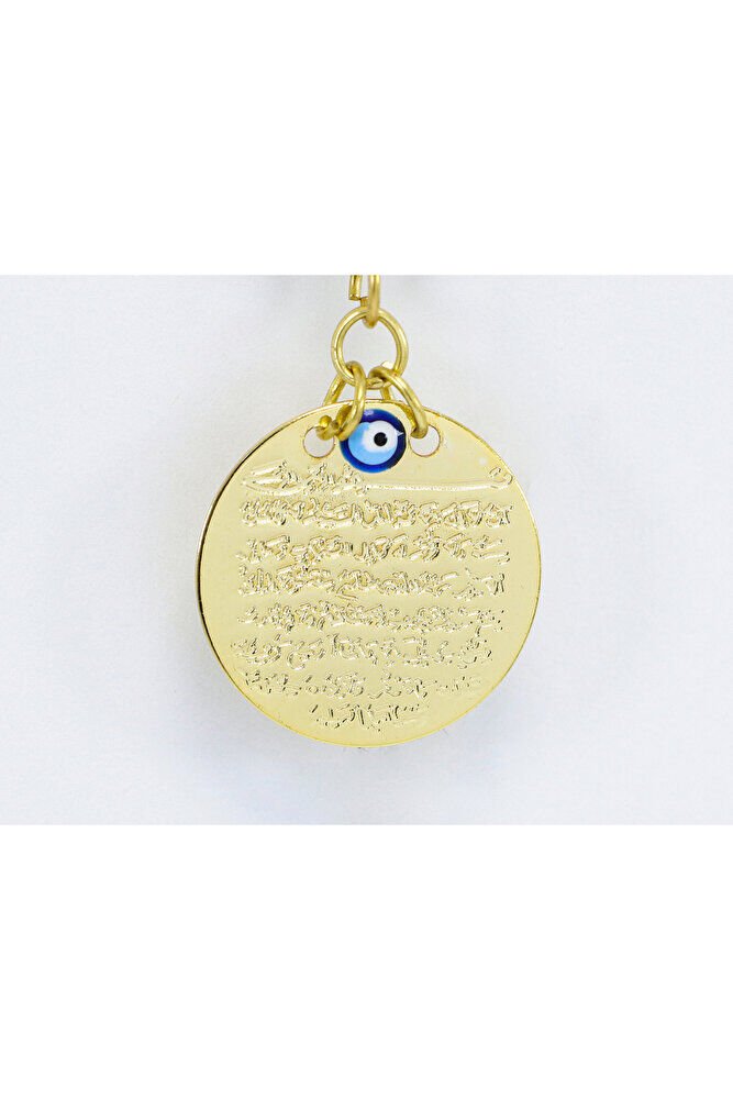 Küçük Mavi Nazar Boncuklu Mavi Hamse Metal Ayetel Kürsi Araba Dikiz Ayna Süsü, Gold Renkli