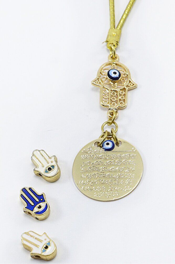 Küçük Hamse Fatıma Ana Eli Metal Ayetel Kürsi Araba Dikiz Ayna Süsü, Gold Renkli