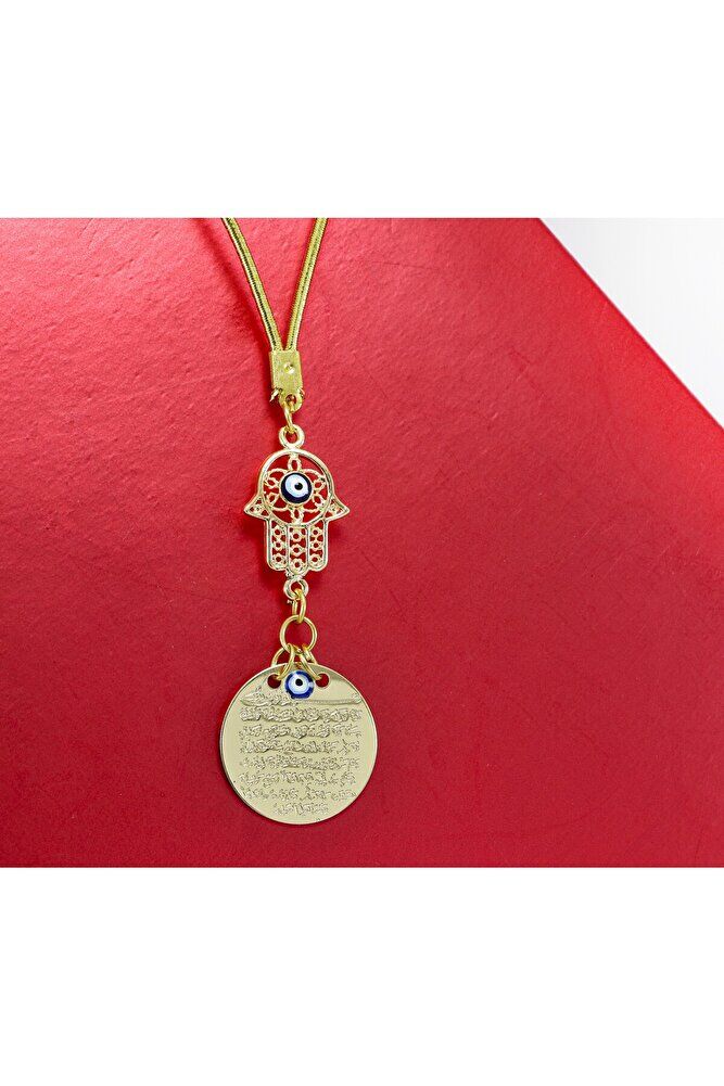 Küçük Hamse Fatıma Ana Eli Metal Ayetel Kürsi Araba Dikiz Ayna Süsü, Gold Renkli