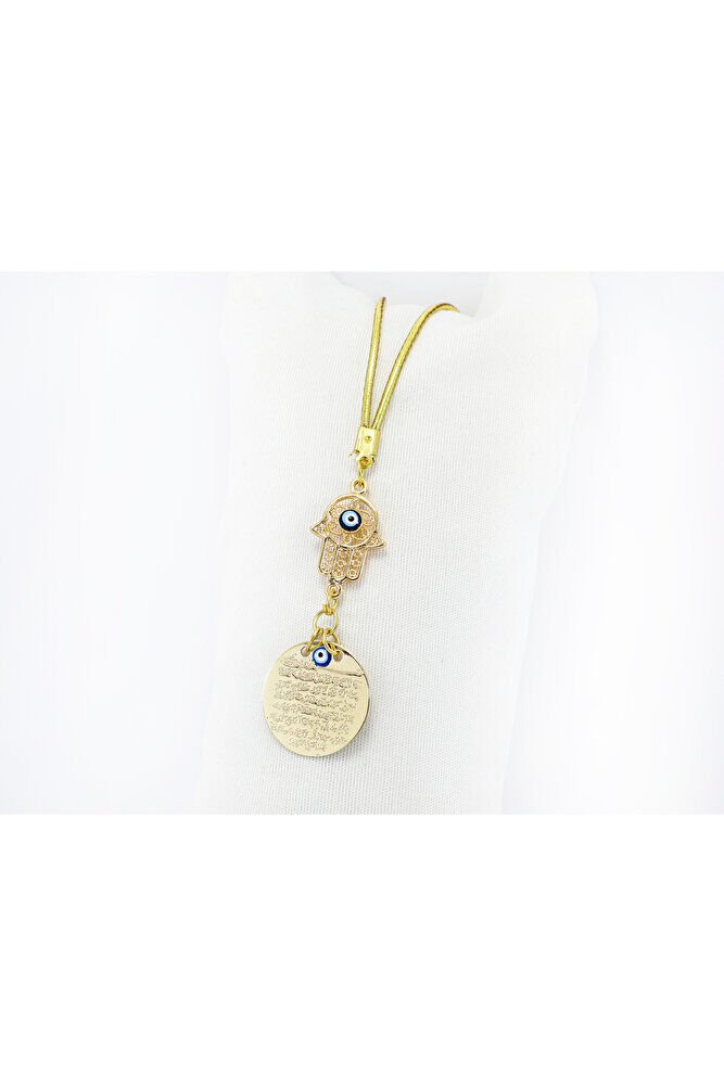 Küçük Hamse Fatıma Ana Eli Metal Ayetel Kürsi Araba Dikiz Ayna Süsü, Gold Renkli