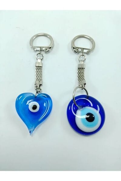 Nazar Boncuğu Anahtarlık El Yapımı Cam Kalp Ve Yuvarlak Hediyelik Eşya Ikili Set