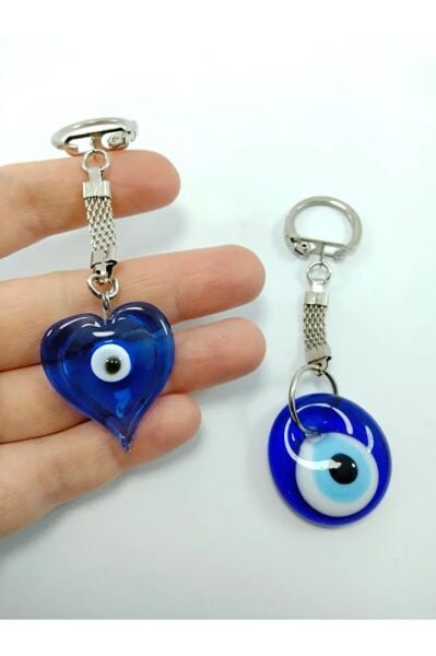 Nazar Boncuğu Anahtarlık El Yapımı Cam Kalp Ve Yuvarlak Hediyelik Eşya Ikili Set
