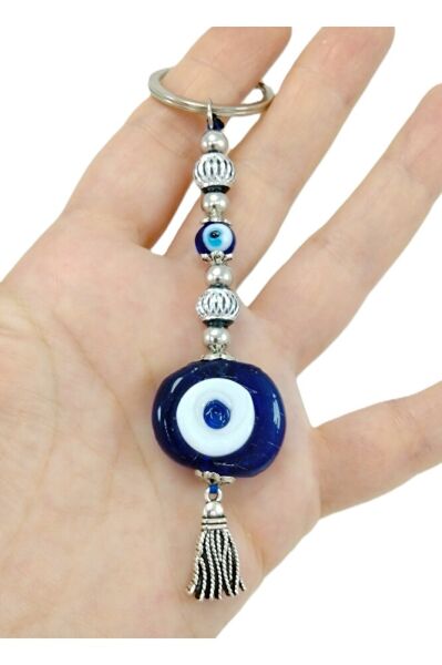 Lacivert Danagözü Nazar Boncuğu Anahtarlık / Araba Dikiz Ayna Süsü Metalik Boncuklu Hediyelik