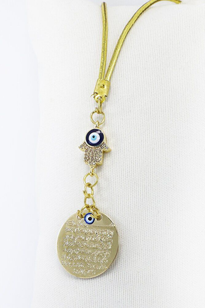 Nazar Boncuklu Hamse Eli Metal Ayetel Kürsi Araba Dikiz Ayna Süsü, Gold Renkli