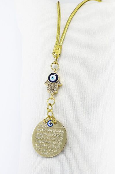 Nazar Boncuklu Hamse Eli Metal Ayetel Kürsi Araba Dikiz Ayna Süsü, Gold Renkli