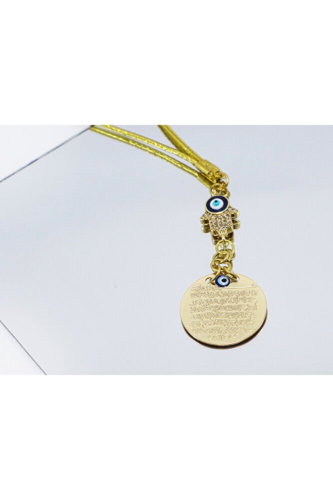 Nazar Boncuklu Hamse Eli Metal Ayetel Kürsi Araba Dikiz Ayna Süsü, Gold Renkli