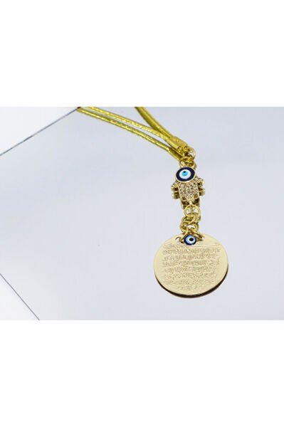 Nazar Boncuklu Hamse Eli Metal Ayetel Kürsi Araba Dikiz Ayna Süsü, Gold Renkli