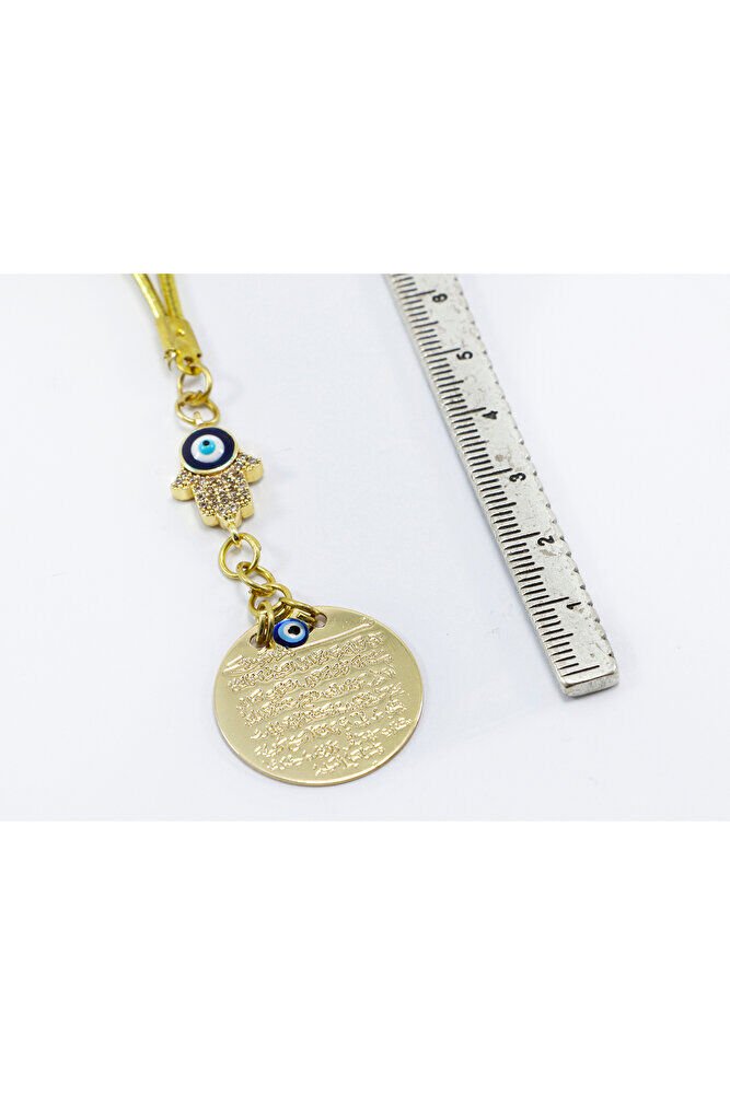 Nazar Boncuklu Hamse Eli Metal Ayetel Kürsi Araba Dikiz Ayna Süsü, Gold Renkli