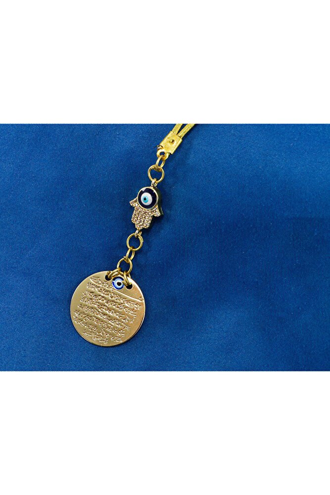 Nazar Boncuklu Hamse Eli Metal Ayetel Kürsi Araba Dikiz Ayna Süsü, Gold Renkli