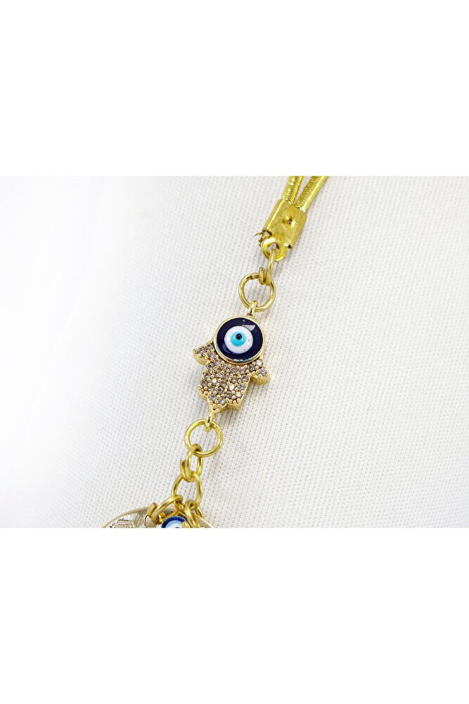 Nazar Boncuklu Hamse Eli Metal Ayetel Kürsi Araba Dikiz Ayna Süsü, Gold Renkli