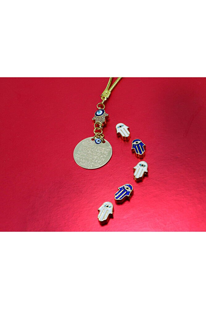 Nazar Boncuklu Hamse Eli Metal Ayetel Kürsi Araba Dikiz Ayna Süsü, Gold Renkli