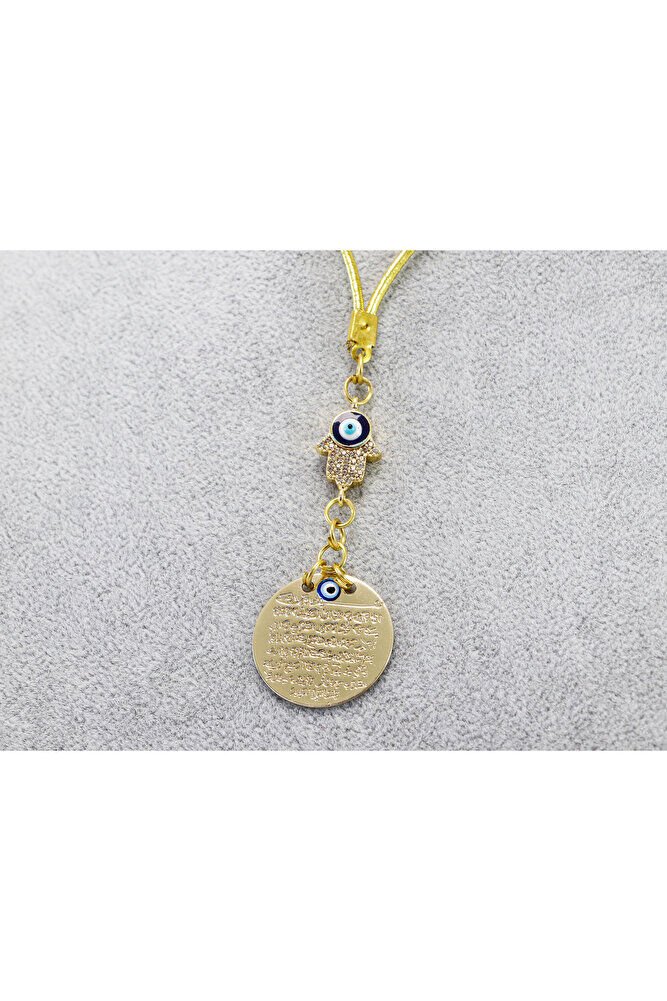 Nazar Boncuklu Hamse Eli Metal Ayetel Kürsi Araba Dikiz Ayna Süsü, Gold Renkli