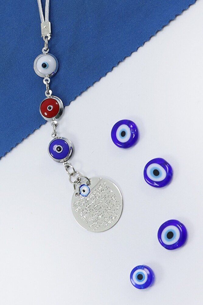 Çerçeveli Renkli Nazar Boncuklu Metal Ayetel Kürsi Araba Dikiz Ayna Süsü, Gümüş Renkli