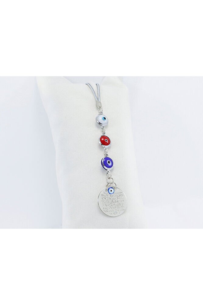 Çerçeveli Renkli Nazar Boncuklu Metal Ayetel Kürsi Araba Dikiz Ayna Süsü, Gümüş Renkli