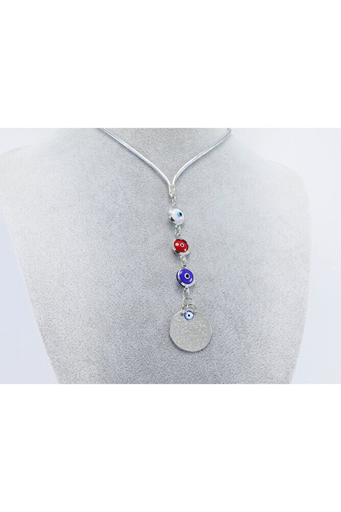 Çerçeveli Renkli Nazar Boncuklu Metal Ayetel Kürsi Araba Dikiz Ayna Süsü, Gümüş Renkli