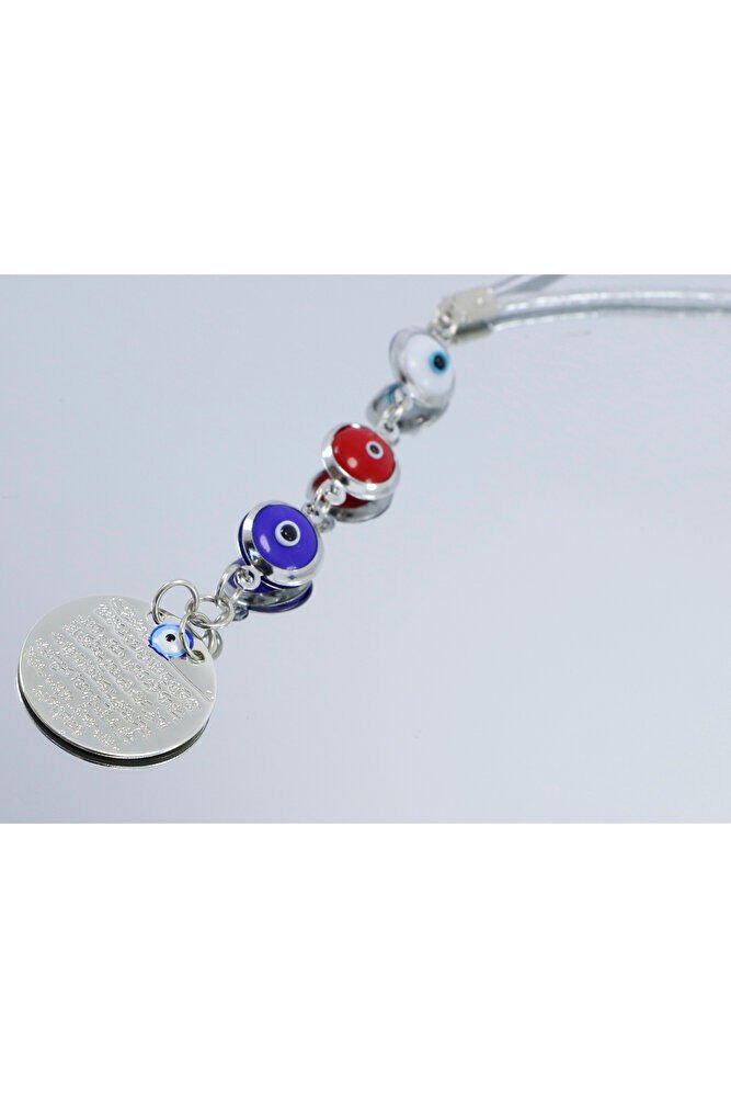 Çerçeveli Renkli Nazar Boncuklu Metal Ayetel Kürsi Araba Dikiz Ayna Süsü, Gümüş Renkli