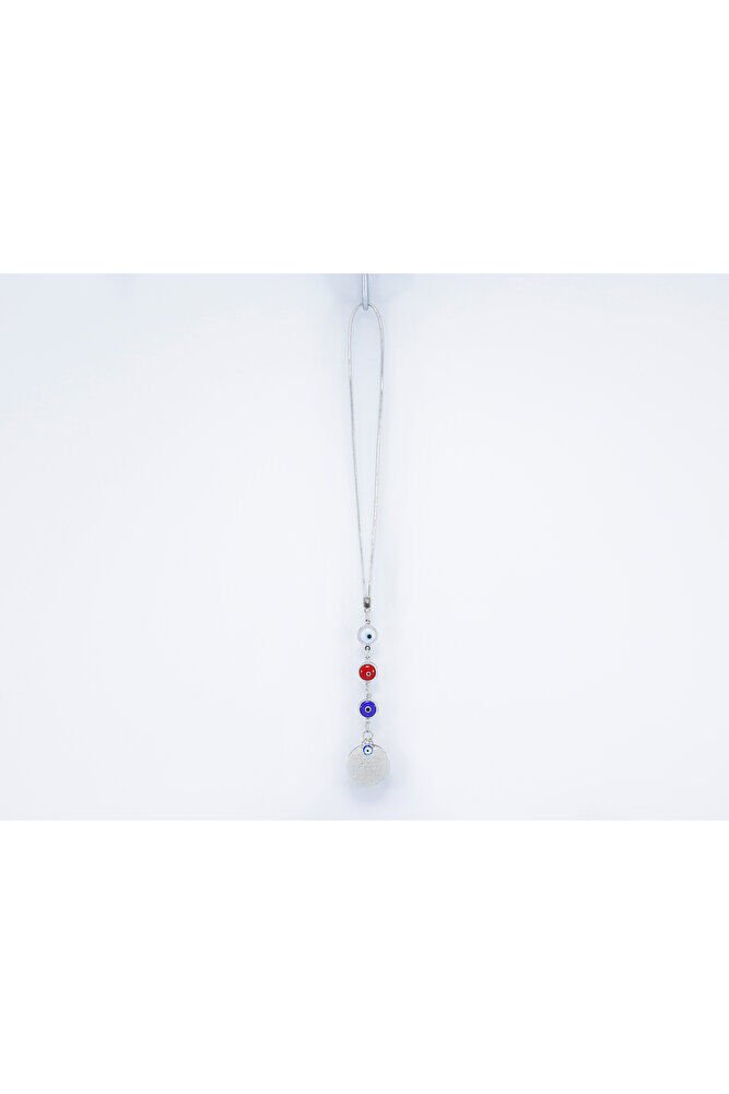 Çerçeveli Renkli Nazar Boncuklu Metal Ayetel Kürsi Araba Dikiz Ayna Süsü, Gümüş Renkli