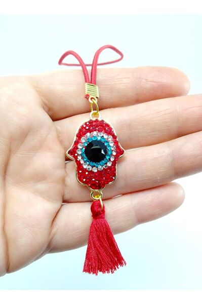 Kırmızı Hamse / Fatıma Eli Nazar Boncuğu Araba Dikiz Ayna Süsü Lüks Hediyelik Aksesuar