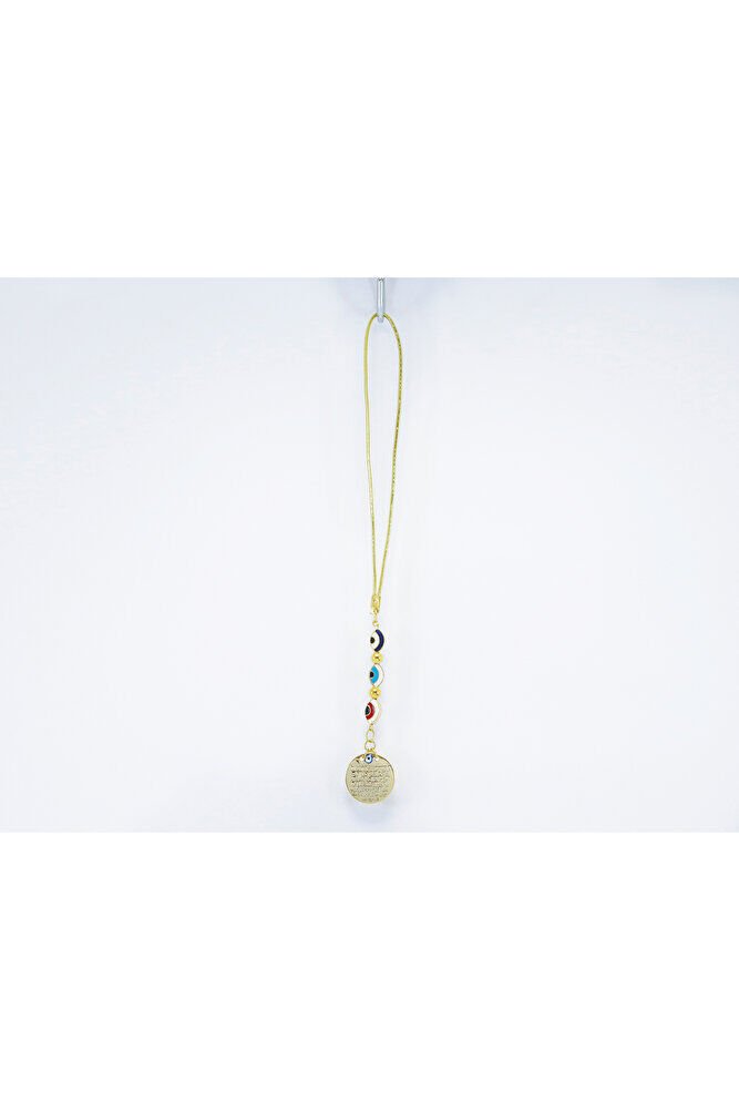 Küçük Çerçeveli Elips Nazar Metal Ayetel Kürsi Araba Dikiz Ayna Süsü, Gold Renkli