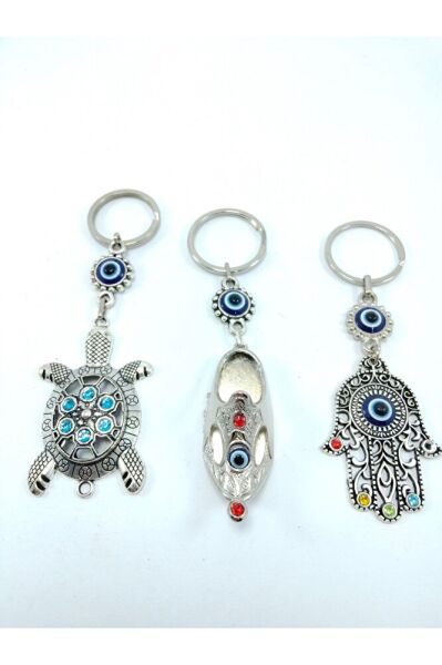 Üçlü Metal Nazar Boncuklu Anahtarlık Seti El Yapımı Hediyelik Eşya