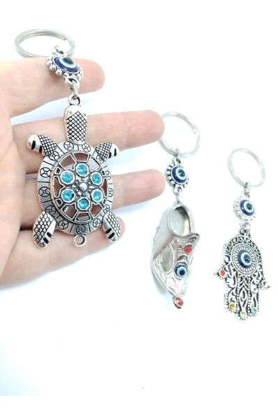 Üçlü Metal Nazar Boncuklu Anahtarlık Seti El Yapımı Hediyelik Eşya