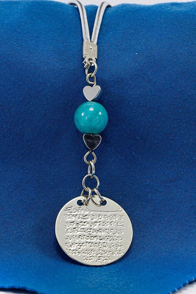 Küçük Kalpli Turkuaz Doğal Taşlı Metal Ayetel Kürsi Araba Dikiz Ayna Süsü, Gümüş Renkli