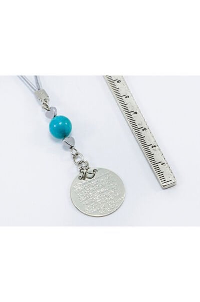 Küçük Kalpli Turkuaz Doğal Taşlı Metal Ayetel Kürsi Araba Dikiz Ayna Süsü, Gümüş Renkli