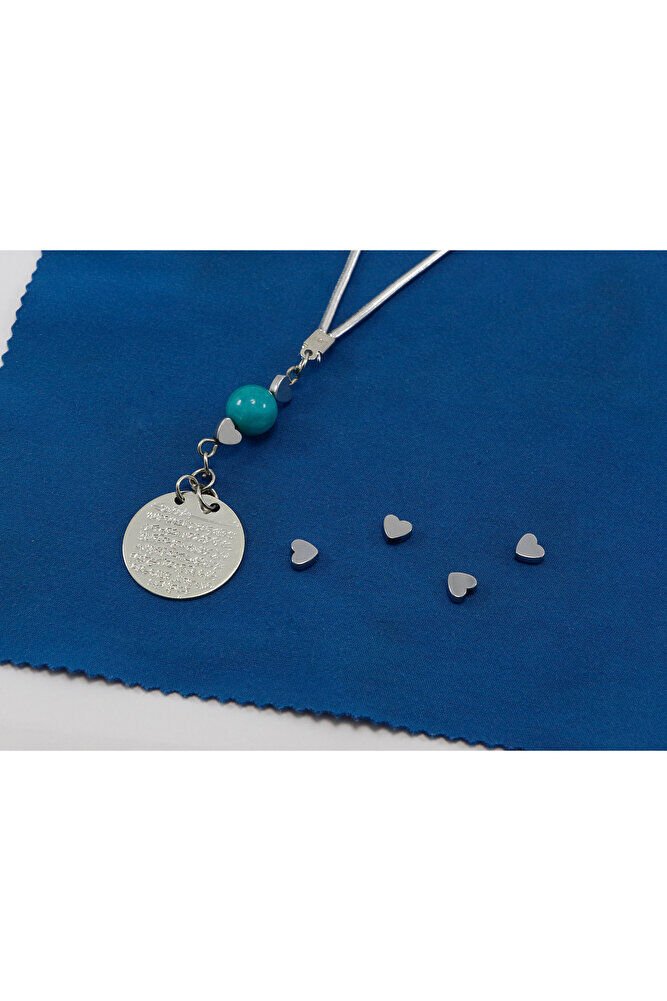 Küçük Kalpli Turkuaz Doğal Taşlı Metal Ayetel Kürsi Araba Dikiz Ayna Süsü, Gümüş Renkli