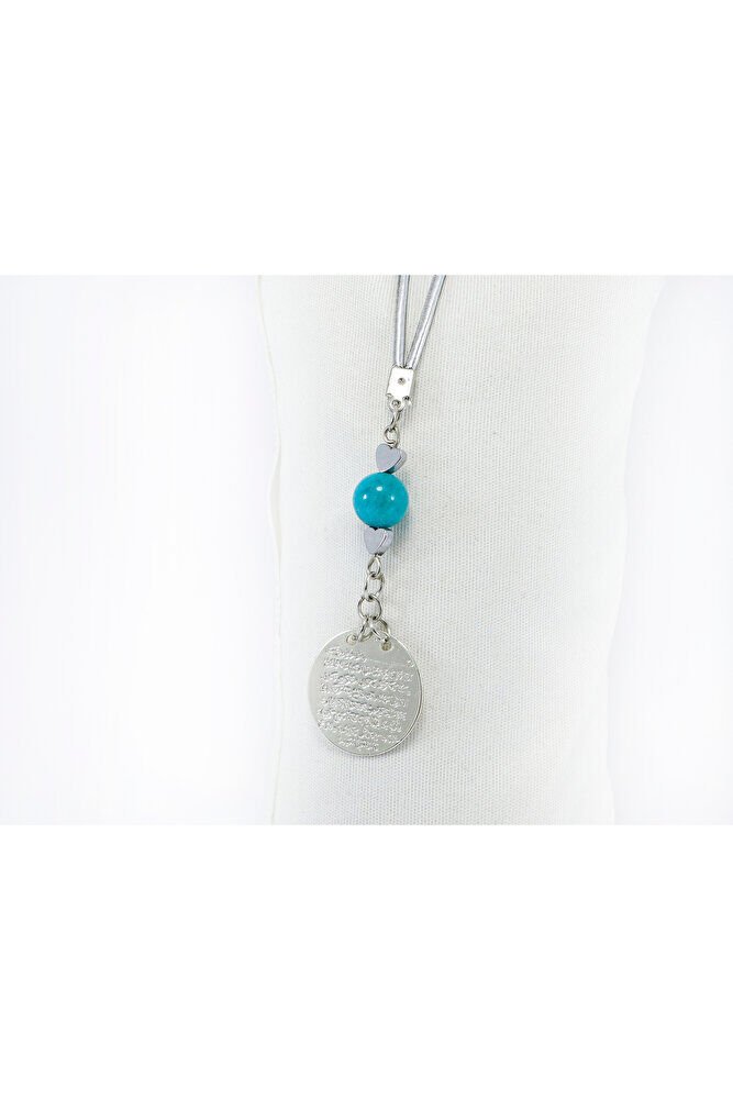 Küçük Kalpli Turkuaz Doğal Taşlı Metal Ayetel Kürsi Araba Dikiz Ayna Süsü, Gümüş Renkli