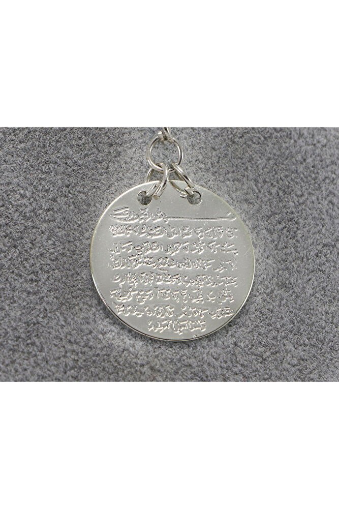 Küçük Kalpli Turkuaz Doğal Taşlı Metal Ayetel Kürsi Araba Dikiz Ayna Süsü, Gümüş Renkli